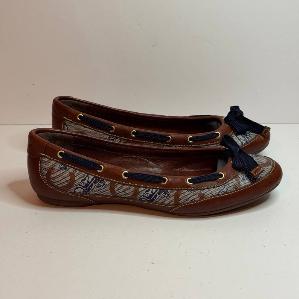 Celine Printed Ballet Flats Brown Leather Trim and Navy Bow Accents Size 38